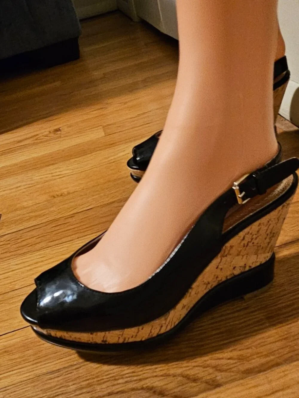 Steve Madden Black Slingback Peep Toe Cork Wedge Pumps Sz 38 fits 7